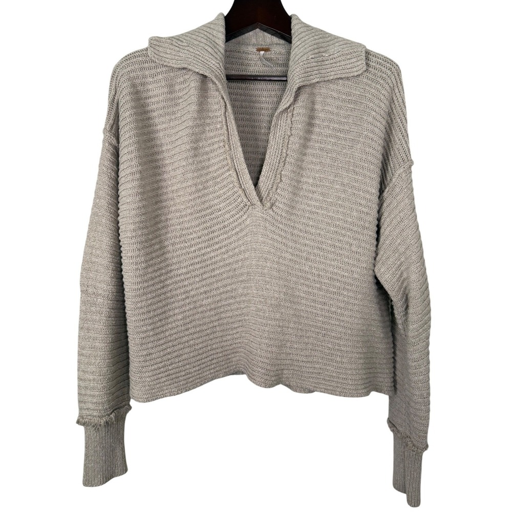 Free People Womens S Tan Ribbed Knit V-Neck Oversized Sweater OB1332205